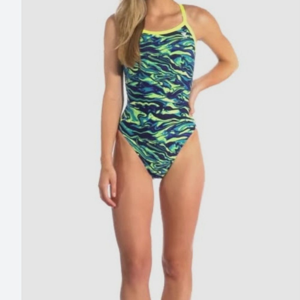 TYR Women's Neon Blue and Yellow One Piece Swimsuit